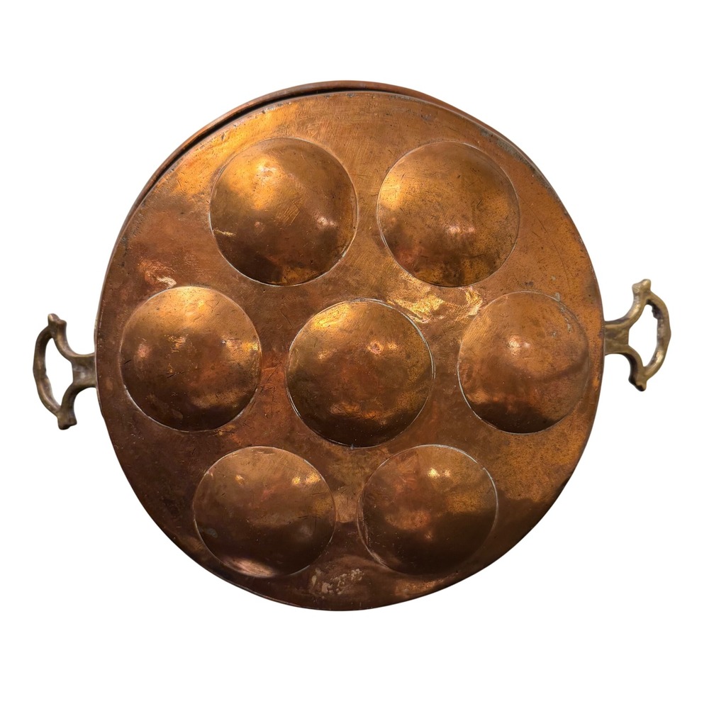 Antique Hammered Copper Egg Poacher Pan Brass Handles 7 Cup Rustic 10 Inch